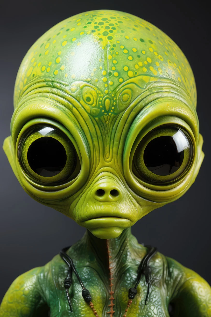 Green alien with big eyes portrait