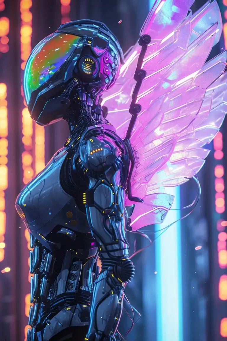 Futuristic robot woman with pink wings