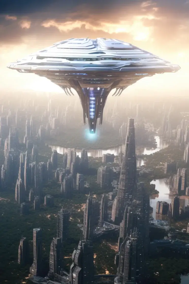 Huge UFO spaceship in shape of the disk flying over the city