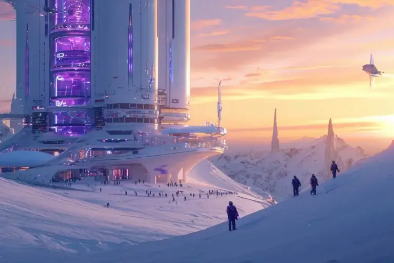 White futuristic tower with purple windows on frozen background