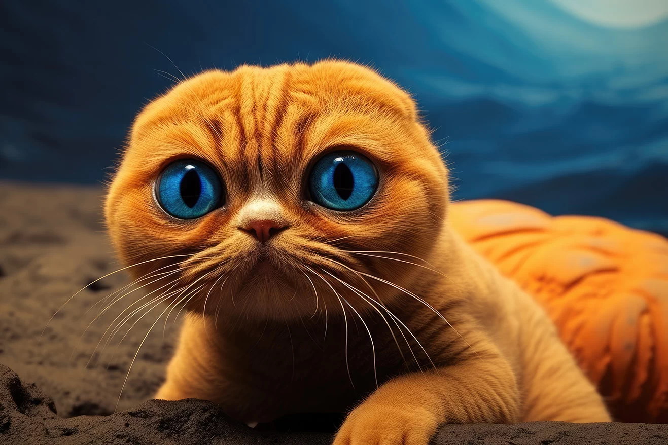 Cute orange Scottish fold cat with big blue eyes