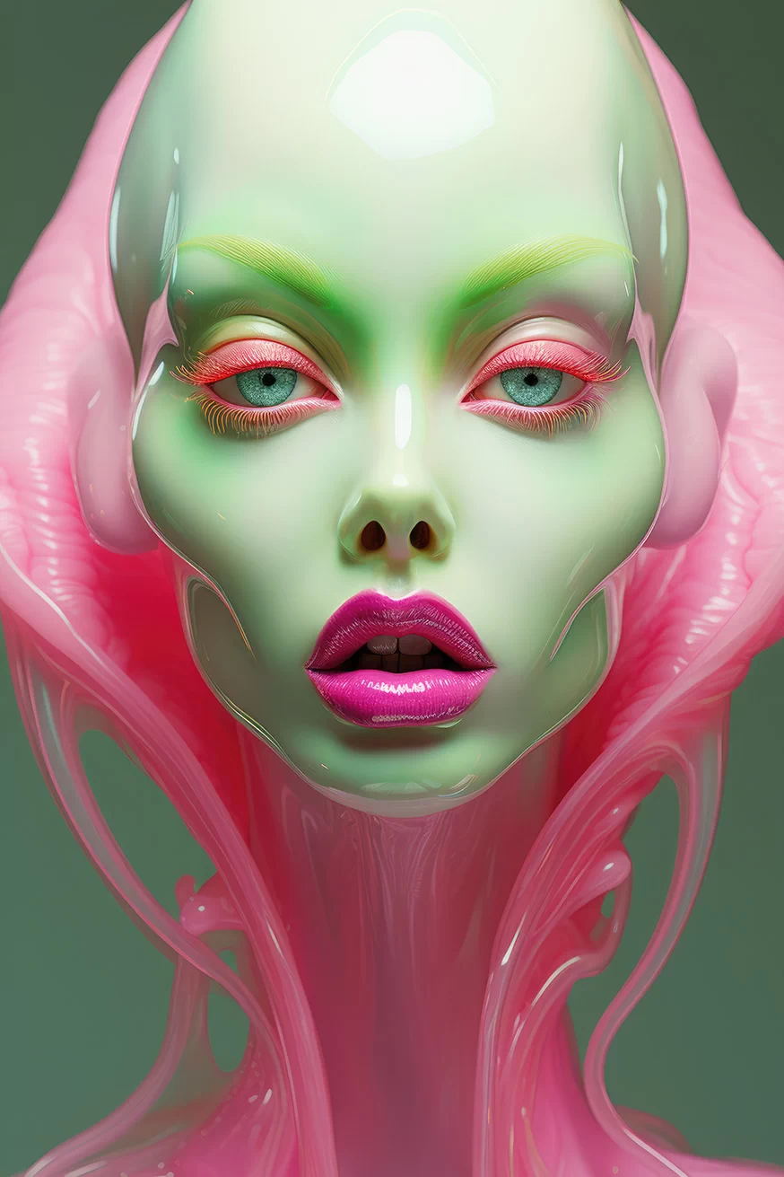 Weird alien woman with green skin and pink body