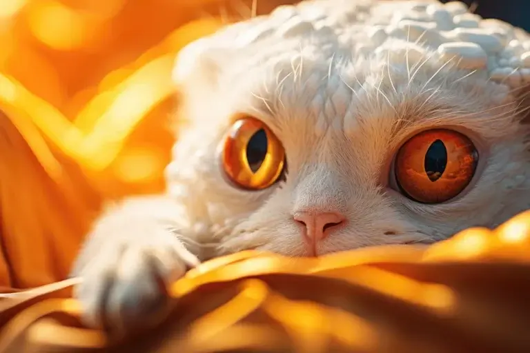 Cute white cat with big glowing orange eyes