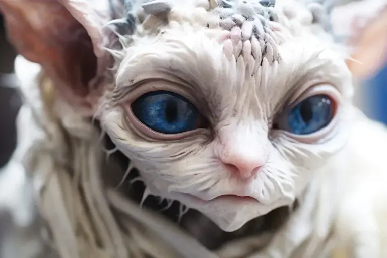 Weird white wet cat with big blue eyes