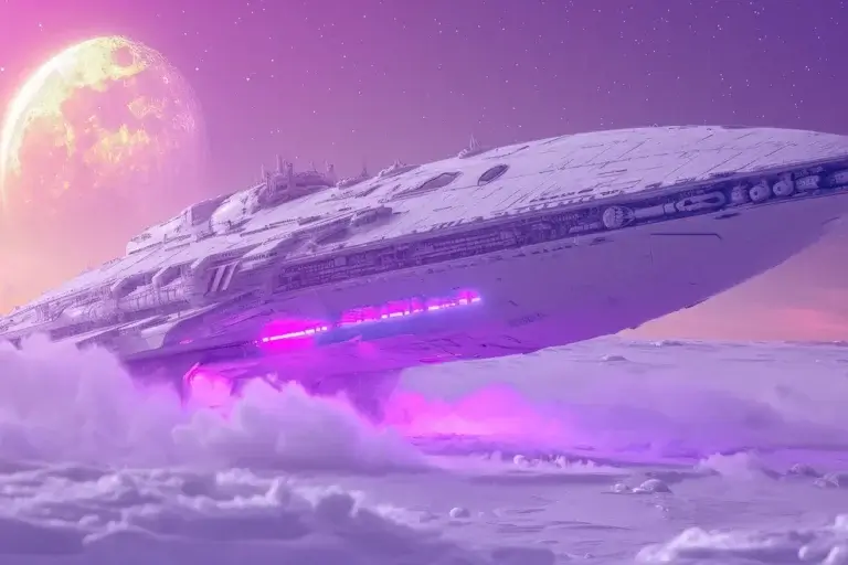 Huge white spaceship on frozen planet with purple lights