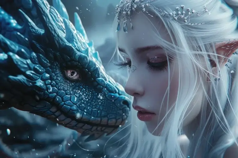 Dragon looking at white hair elf girl