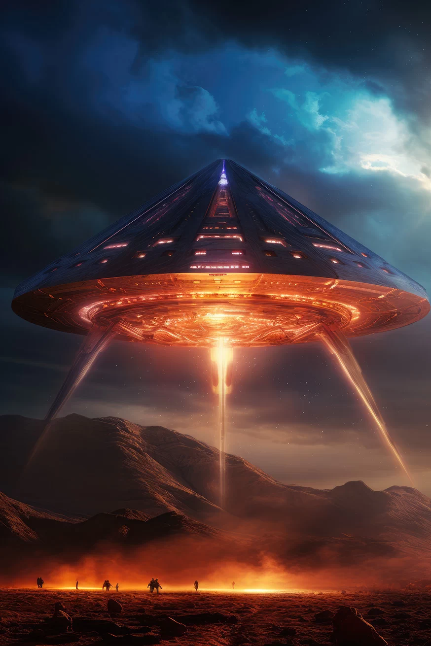 Huge UFO pyramid disk with orange lights