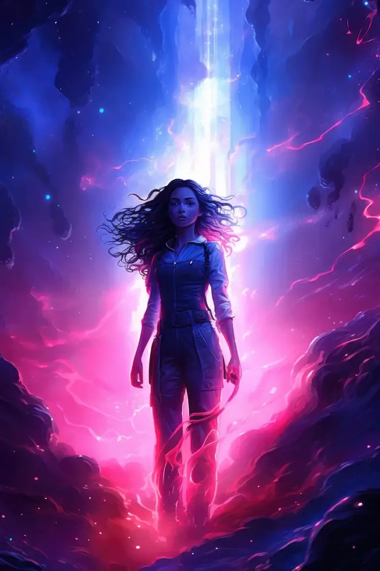 Fantasy scene with girl in purple and violet fire flames