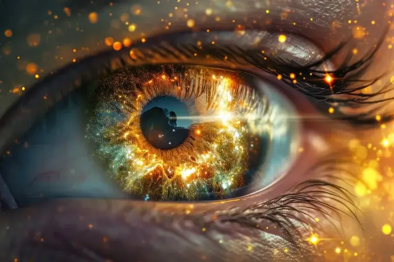 Eye closeup photo with orange galaxy stars inside reflection