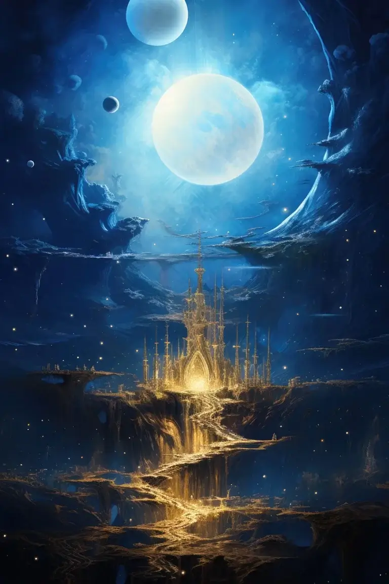 Dream scene with golden castle and big blue moons