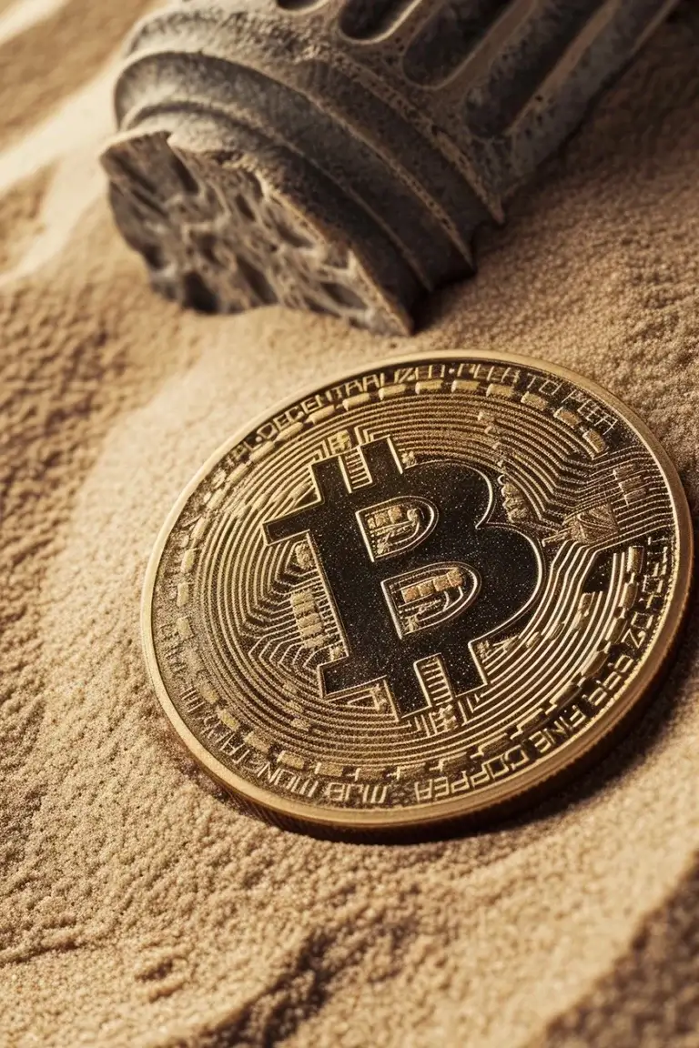 Golden bitcoin logo on sand closeup photo