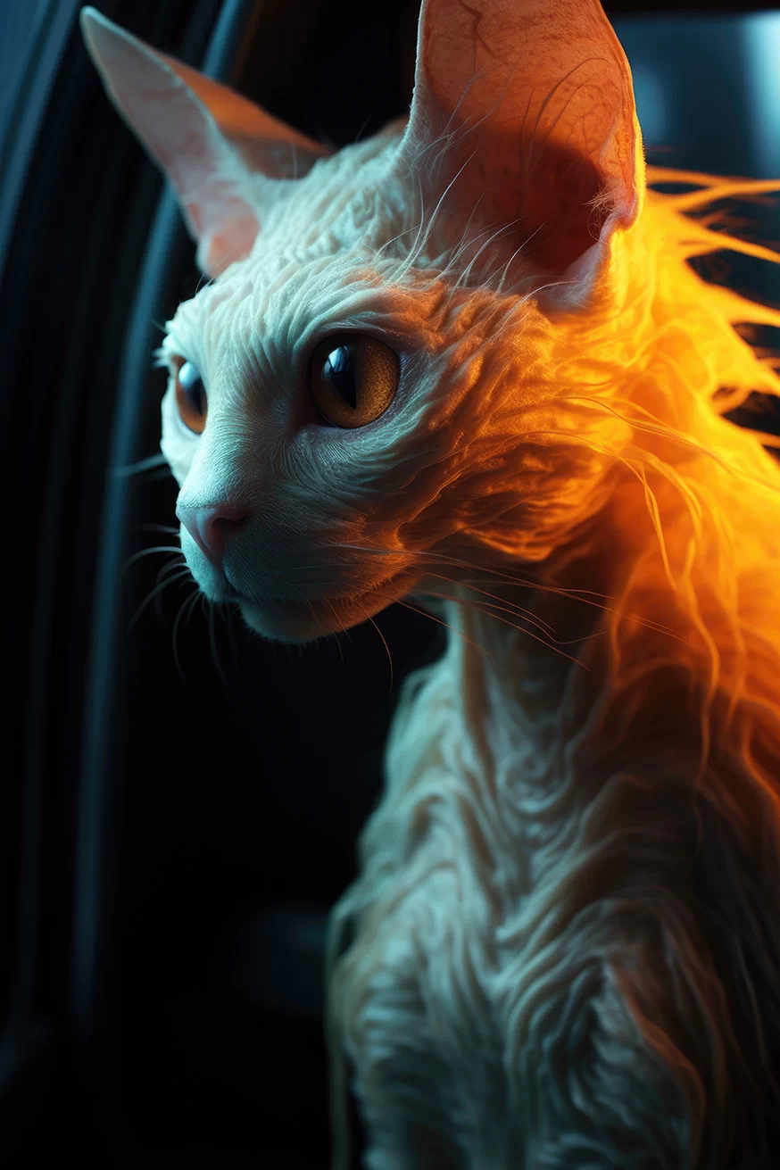 Strange bald cat portrait illuminated with orange lights