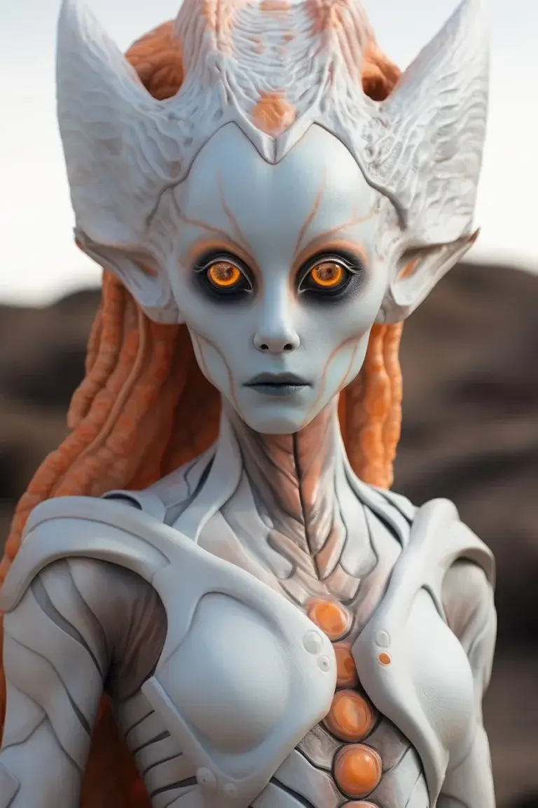 Alien woman with white skin and orange exoskeleton