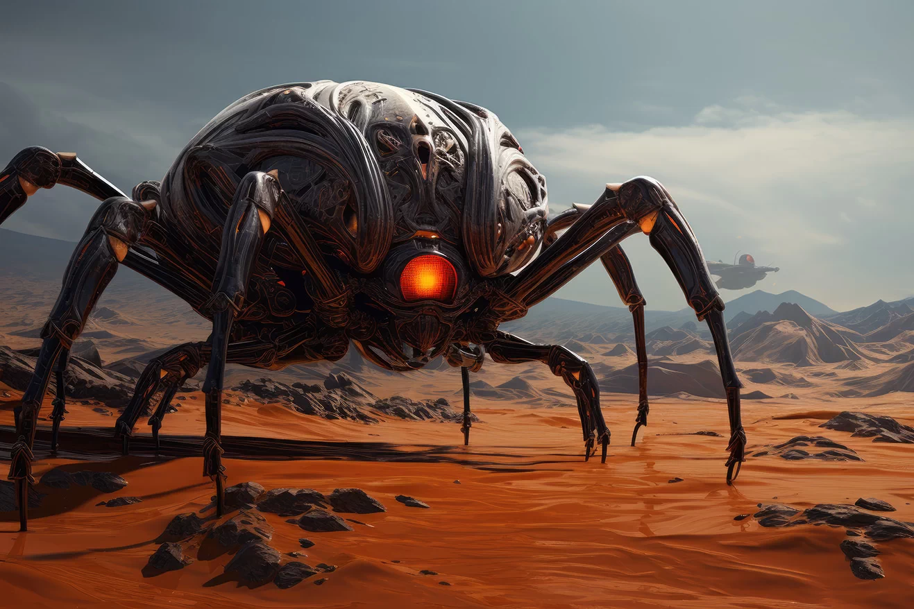 Monster black spider robot with one projector eye