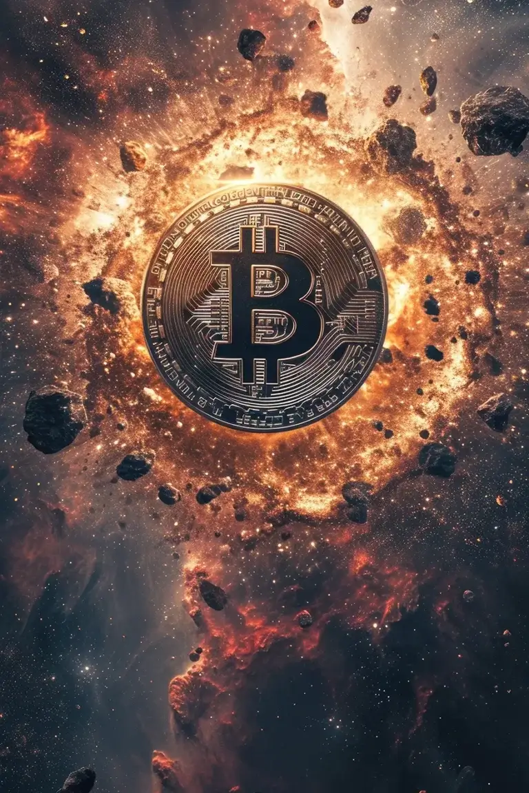 Bitcoin logo on fire explosion nebula space background