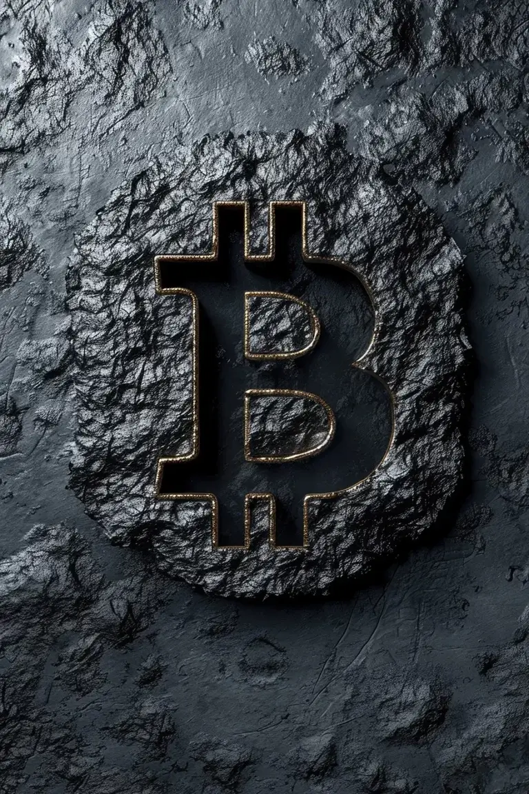 Black bitcoin logo carved in black stone