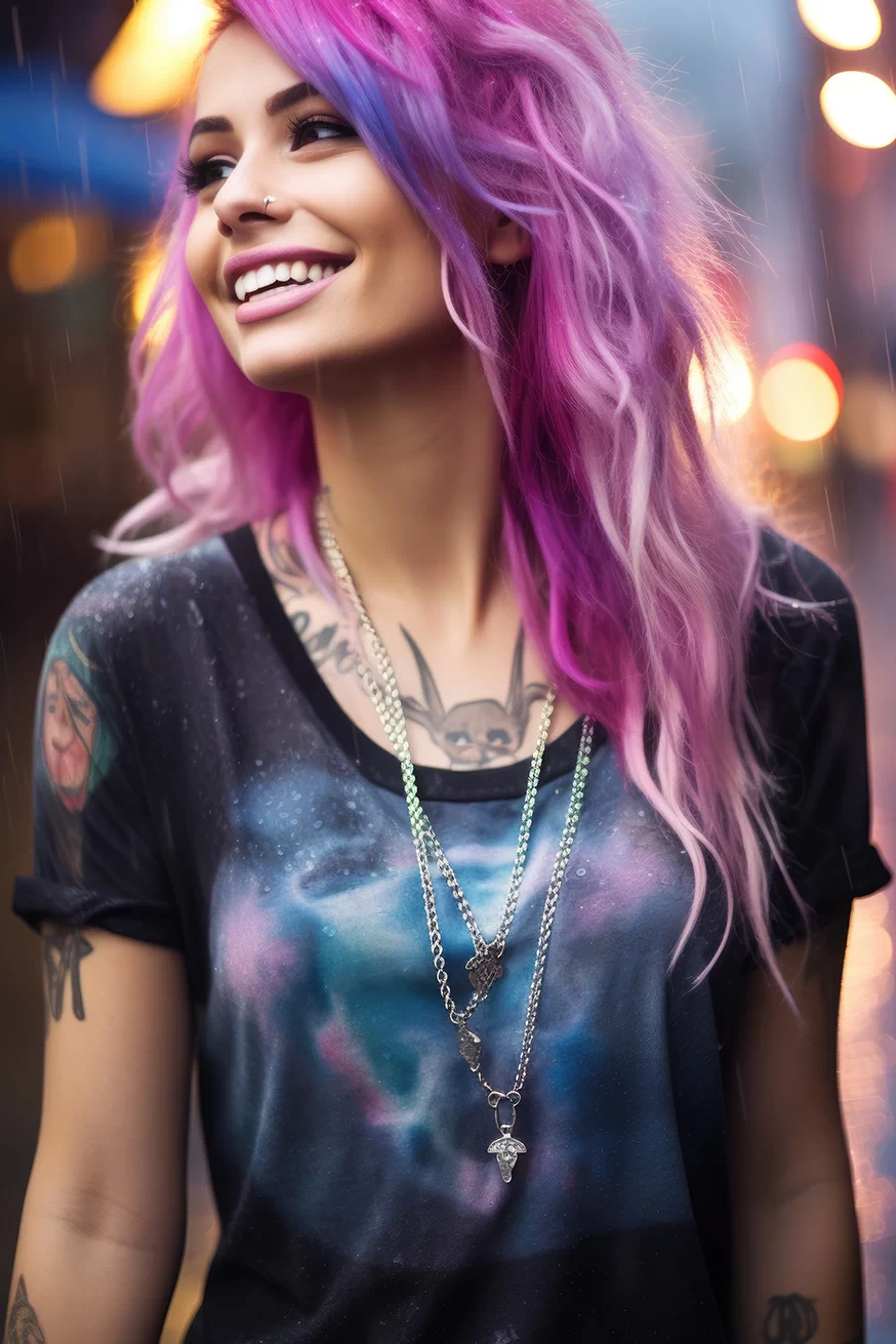 Beautiful pink haired woman with tattoos