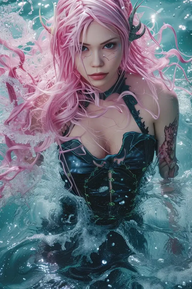 Girl with pink hair in crystal water