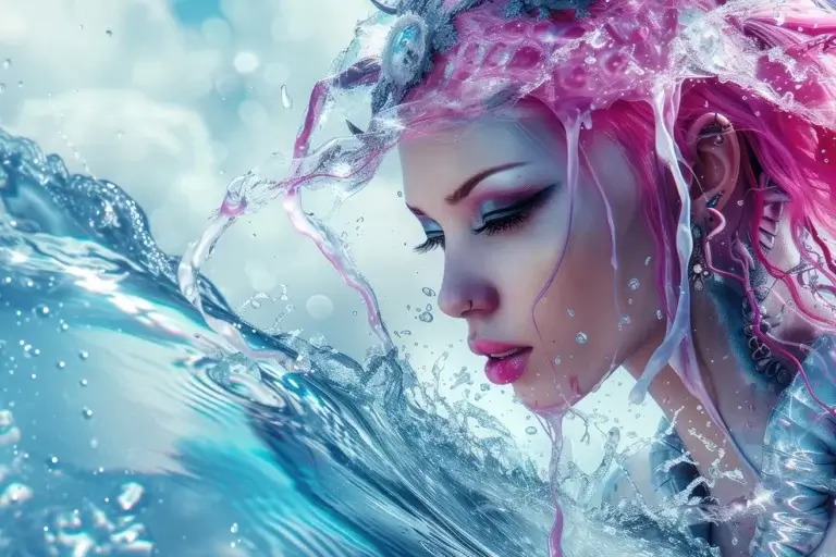 Girl with pink hair in crystal water splash