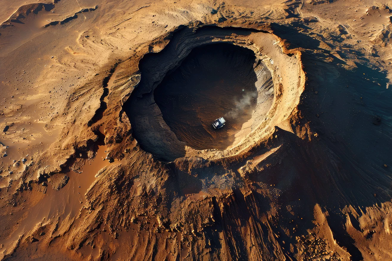 Huge crater on some planet with space rover inside