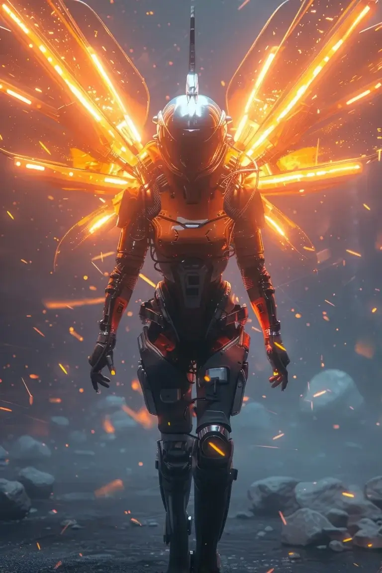 Woman astronaut in futuristic suit with orange wings