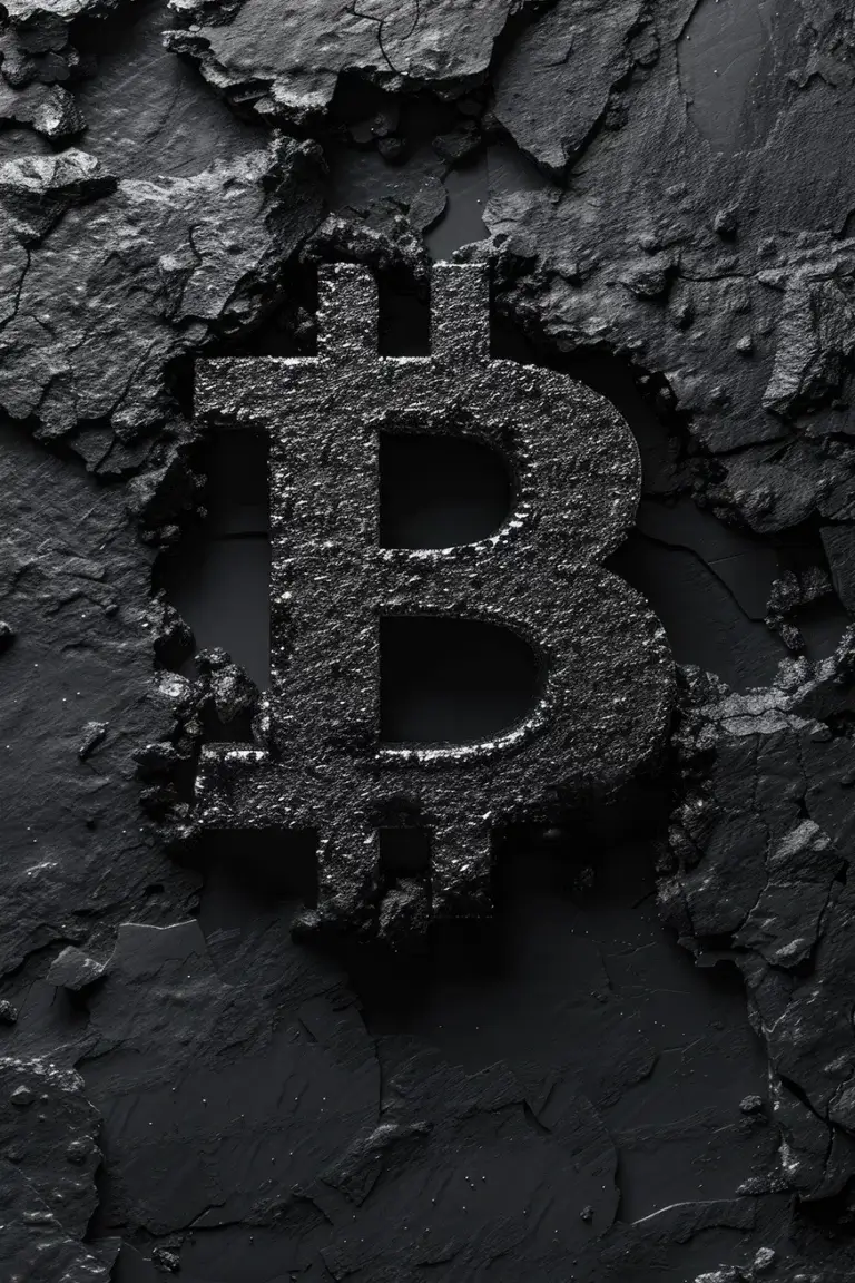 Black bitcoin logo made of burned charcoal