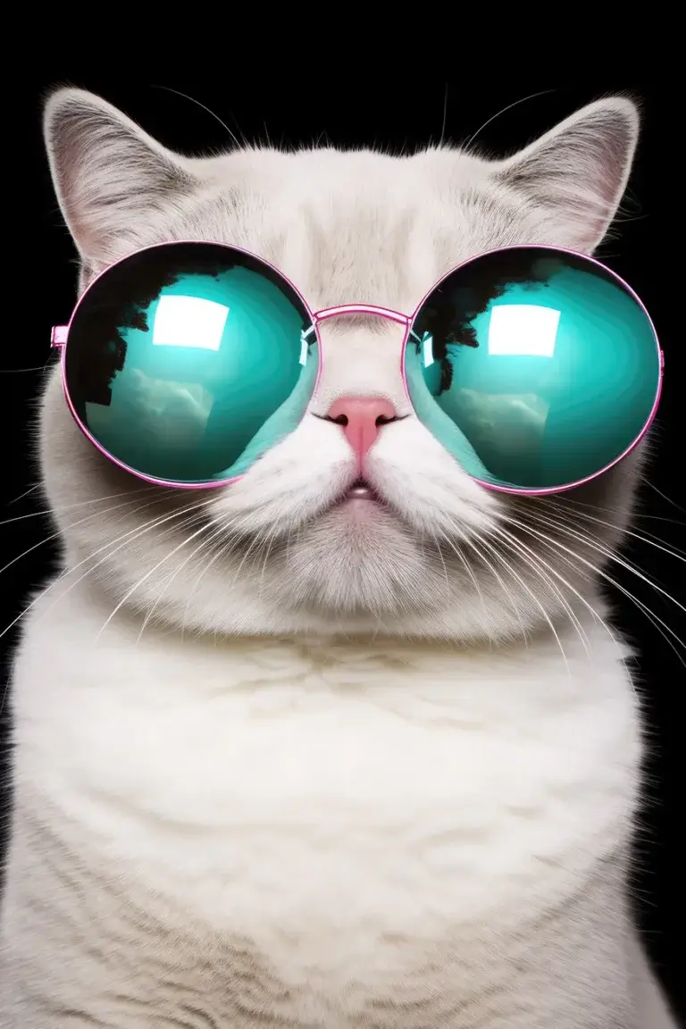 Cute white cat in green sunglasses