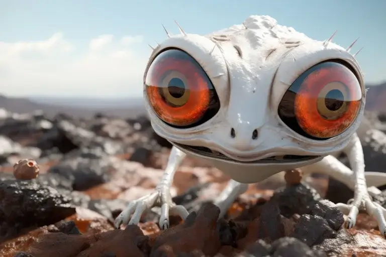 Angry white alien lizard creature with big eyes