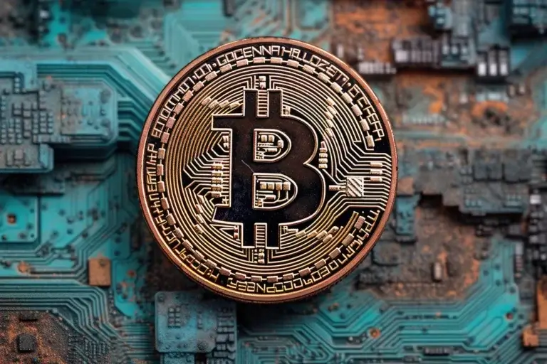 Copper bitcoin logo on patina circuit board