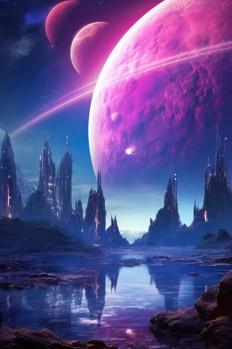 Huge violet planet rising over water and mountains surface