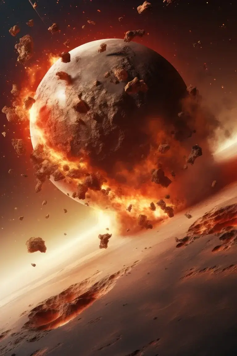 Huge fire moon collision with some planet