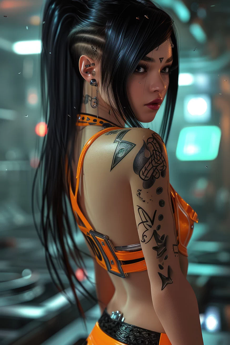 Girl with tattoos and black hair in orange dress