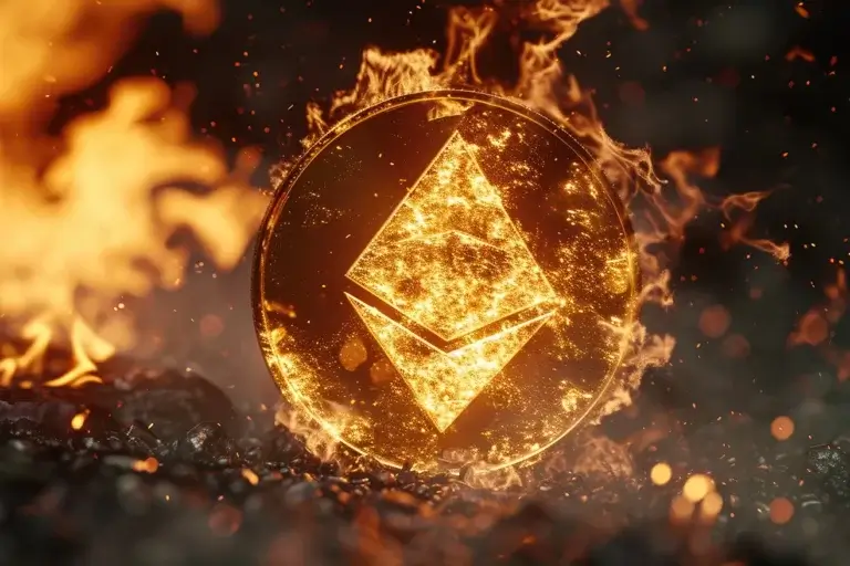 Ethereum logo in the fire particles