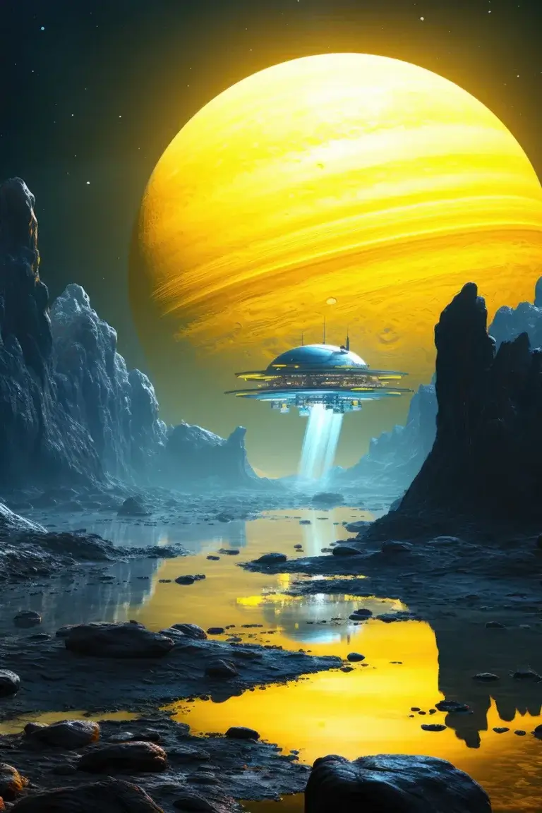 Huge yellow planet rising over some planet with spaceship