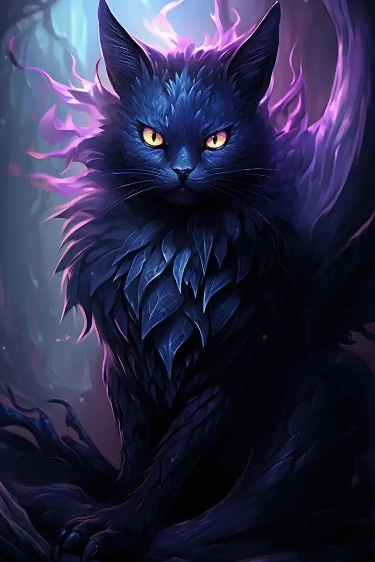 Monster black cat with weird feathers skin